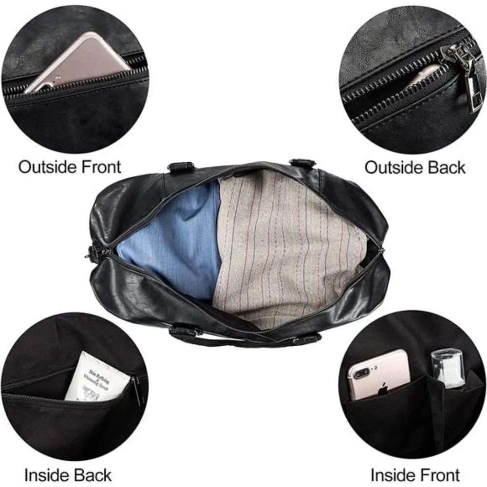 Men's Duffle Leather Travel Bag with Shoe Pouch Black